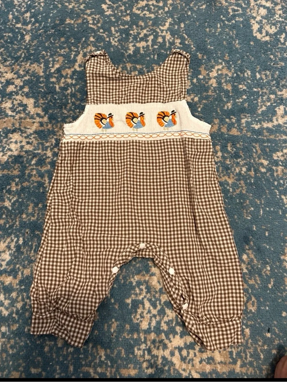 Smocked Gingham Turkey Romper - Brown